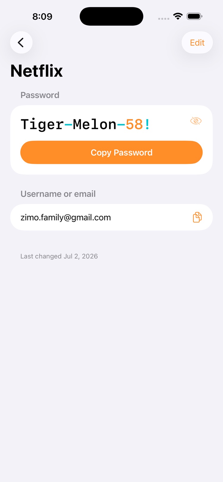 A single password entry opened to show its details.