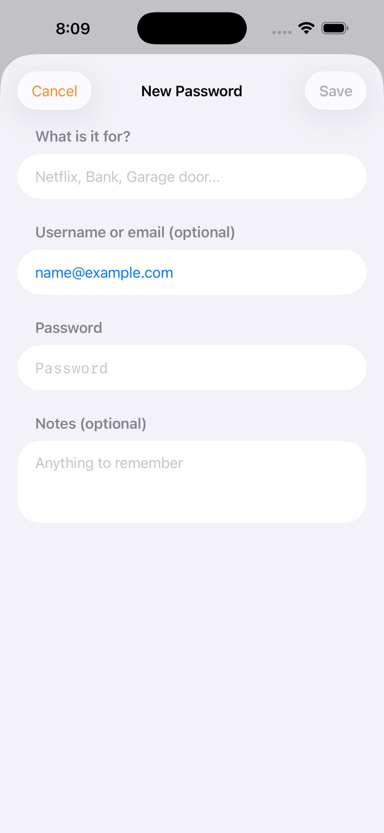 The form for adding a new password.