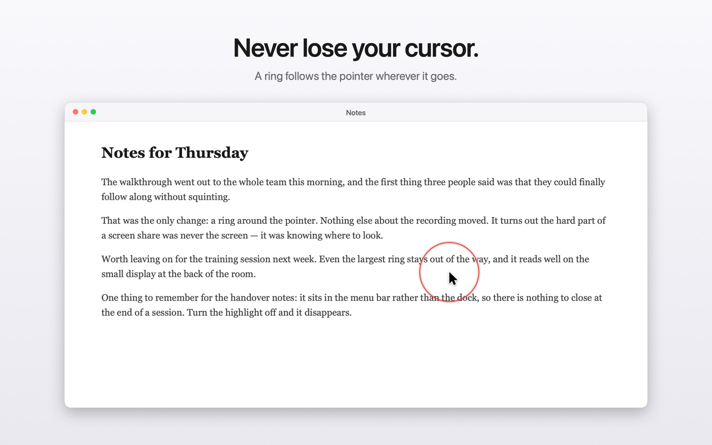 A red ring around the mouse pointer, over a document of text.