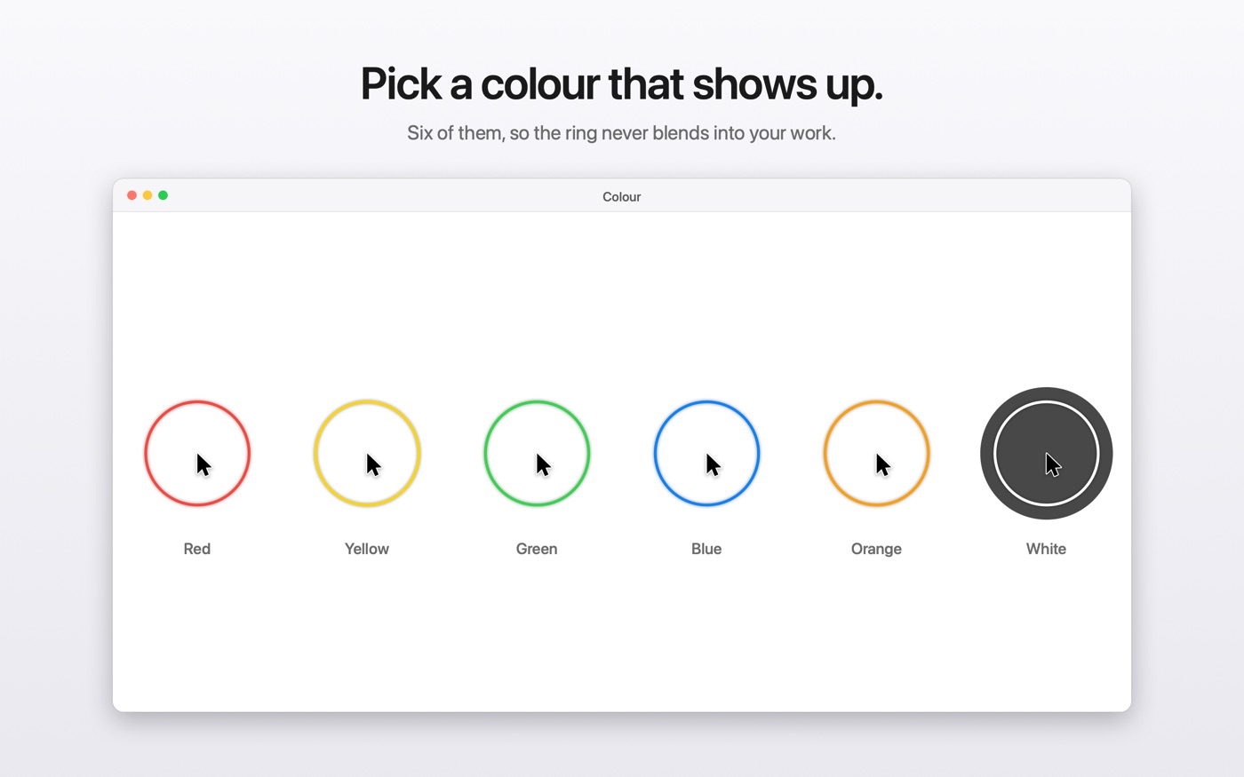 The six ring colours: red, yellow, green, blue, orange and white.