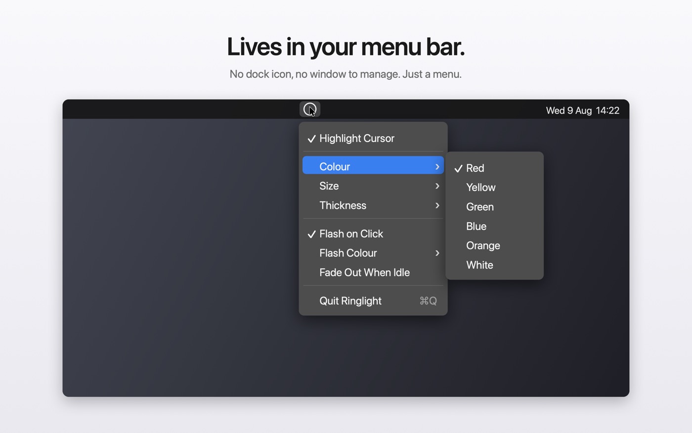 The Ringlight menu in the macOS menu bar, with the colour submenu open.